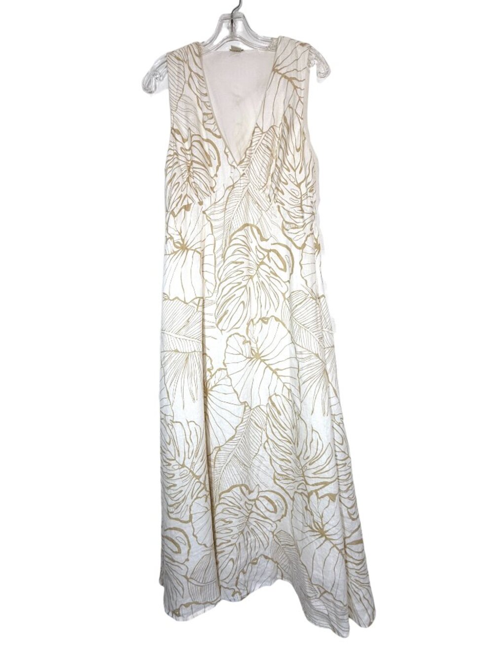 Magaschoni Linen Tropical Leaf Midi Dress Size 6 Ivory Beige Resort Coastal - Picture 2 of 10